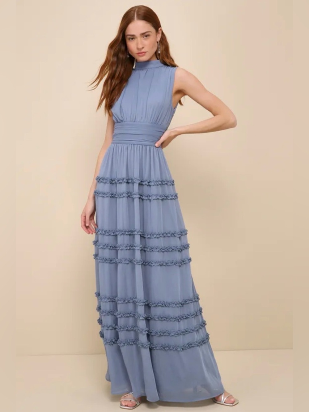 NWT Lulu's Enchantingly Sweet Slate Blue Chiffon Backless Maxi - M